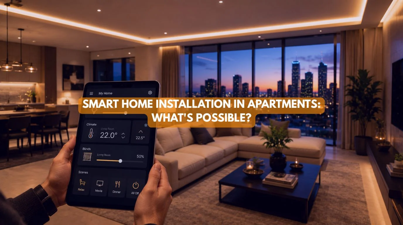A resident holding a smartphone app to control lighting and climate during a Smart Home Installation in Apartments project