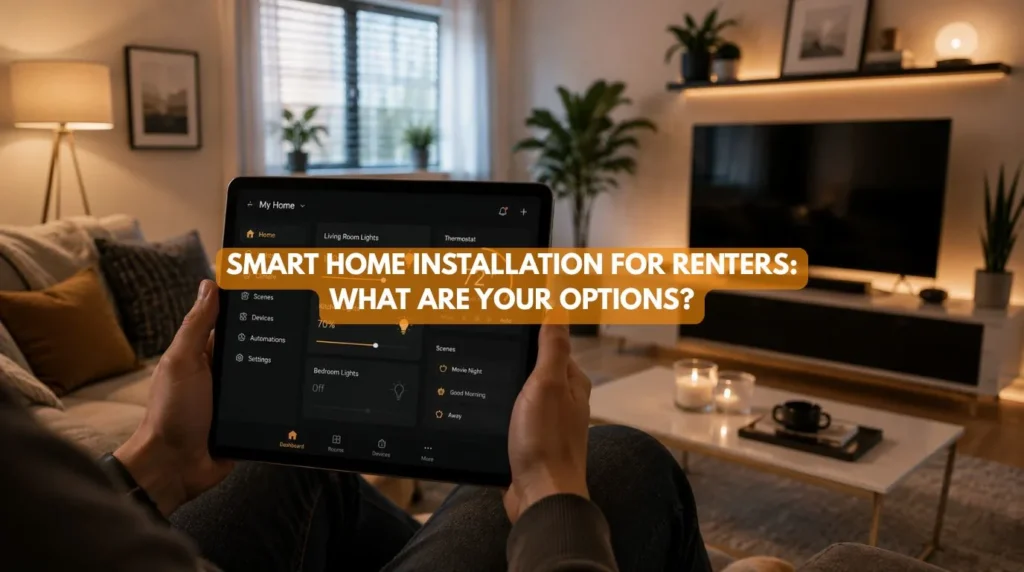 Smart Home Installations app being used on a tablet in a rental apartment living room