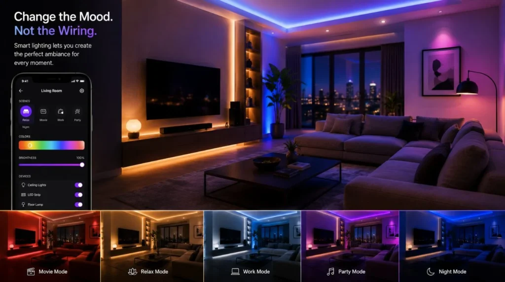 Renter-friendly Smart Home Installations using color-changing smart bulbs and smart lamps without rewiring.