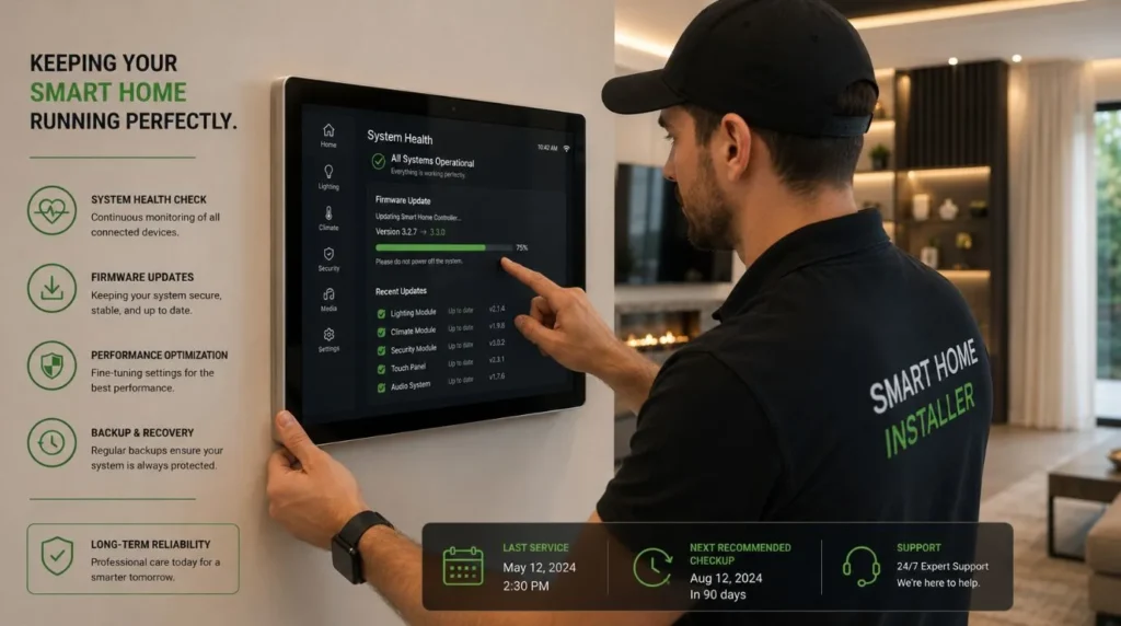 Smart Home Installers performing remote software updates and troubleshooting on an apartment automation hub.