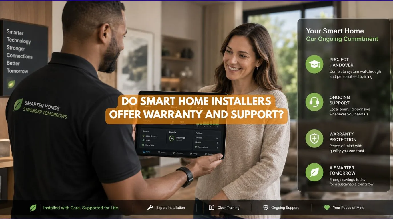 Professional Smart Home Installers handing a homeowner a digital tablet displaying warranty coverage and service terms