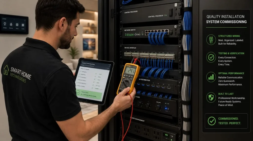 Certified Smart Home Installers inspecting a rack-mounted control panel to verify workmanship warranty standards.