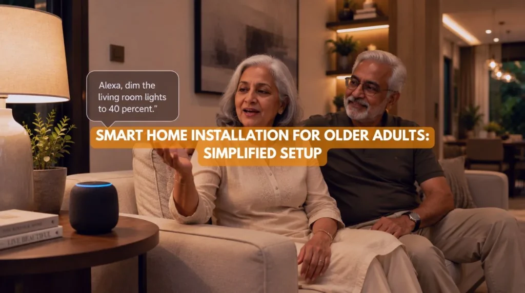 An older adult couple using voice control in a brightly lit living room designed around Smart Homes for Older Adults