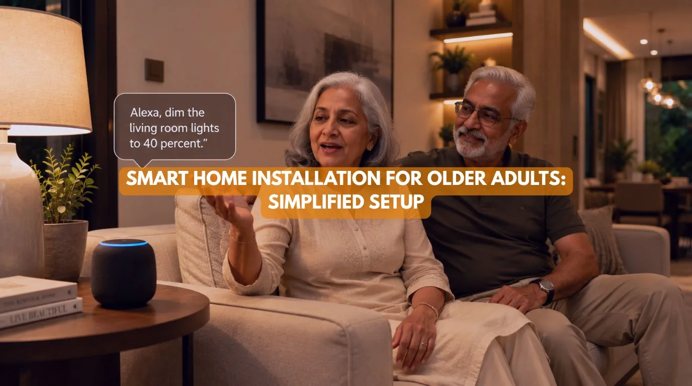 An older adult couple using voice control in a brightly lit living room designed around Smart Homes for Older Adults