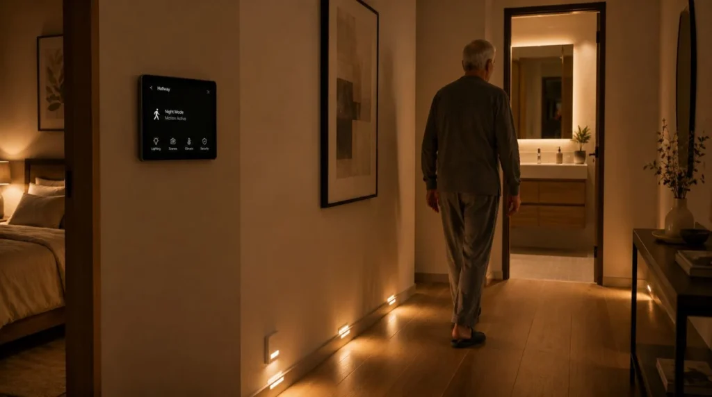 Low-level hallway lighting illuminating path at night as part of Smart Homes for Older Adults safety design.