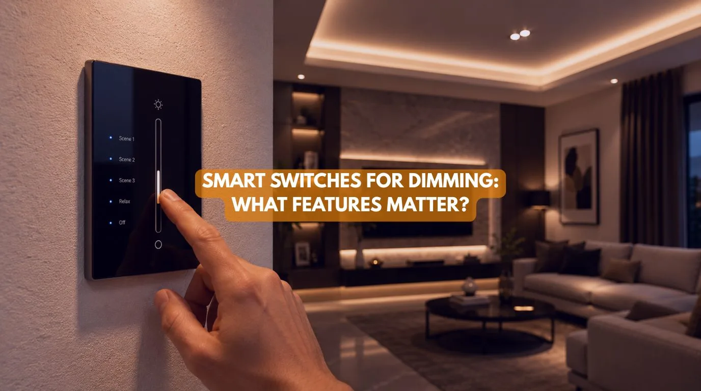 A homeowner adjusting warm ambient lighting in a modern living room using Smart Switches for Dimming