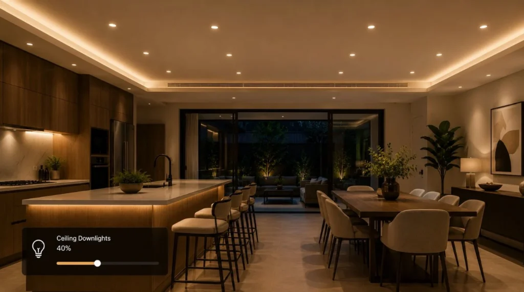 Flicker-free architectural recessed lighting managed by high-quality Smart Switches for Dimming.