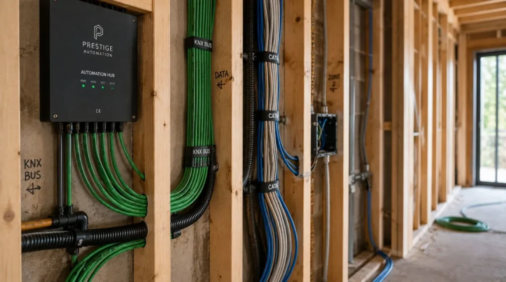 Running low voltage control lines behind walls during the infrastructure phase of a Smart Home Automation Installation.