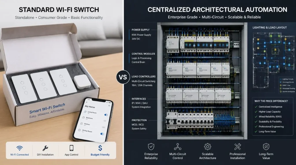 A split layout comparing entry-level wireless units against enterprise centralized hardware tiers for Smart Switch Installation Cost