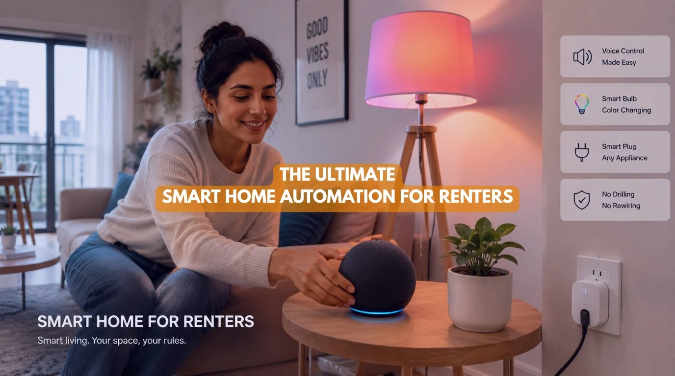 A tenant easily setting up plug and play devices in an apartment to begin Smart Home automation for Renters
