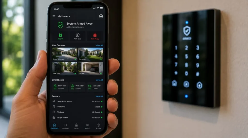 A mobile application interface managing a unified residential Smart Home Security System grid.