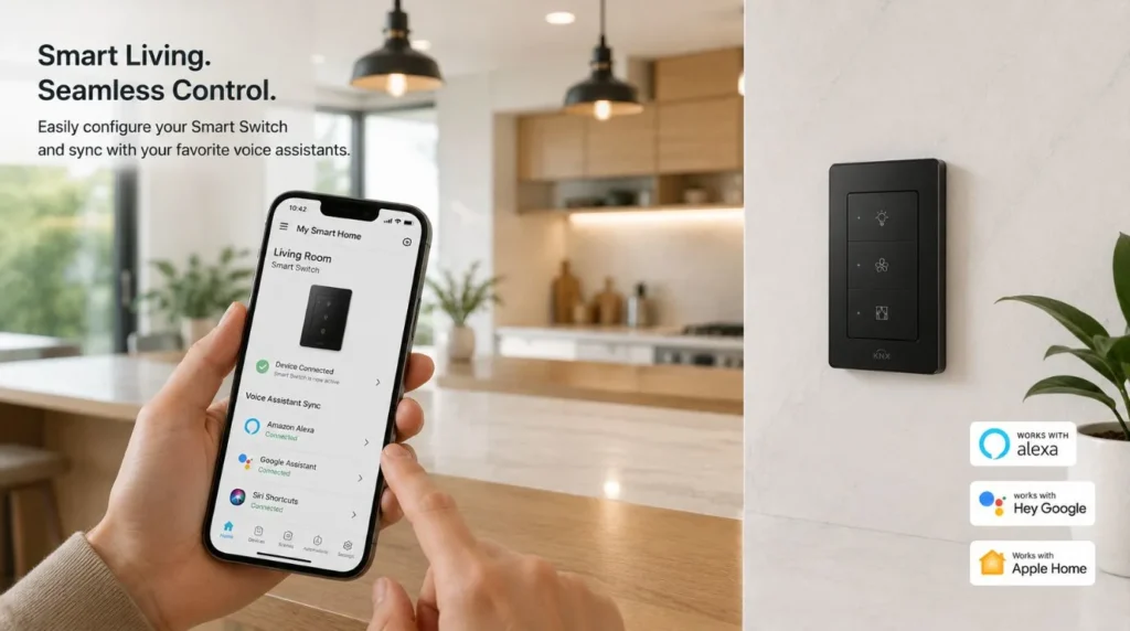 A smart home app pairing process linking a modern Smart Switch to voice control ecosystems