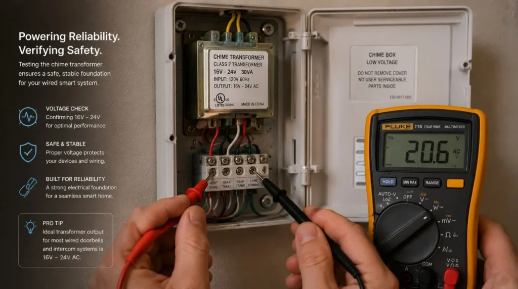 Testing the transformer voltage parameters to prevent electrical errors during a wired Smart Doorbell Installation