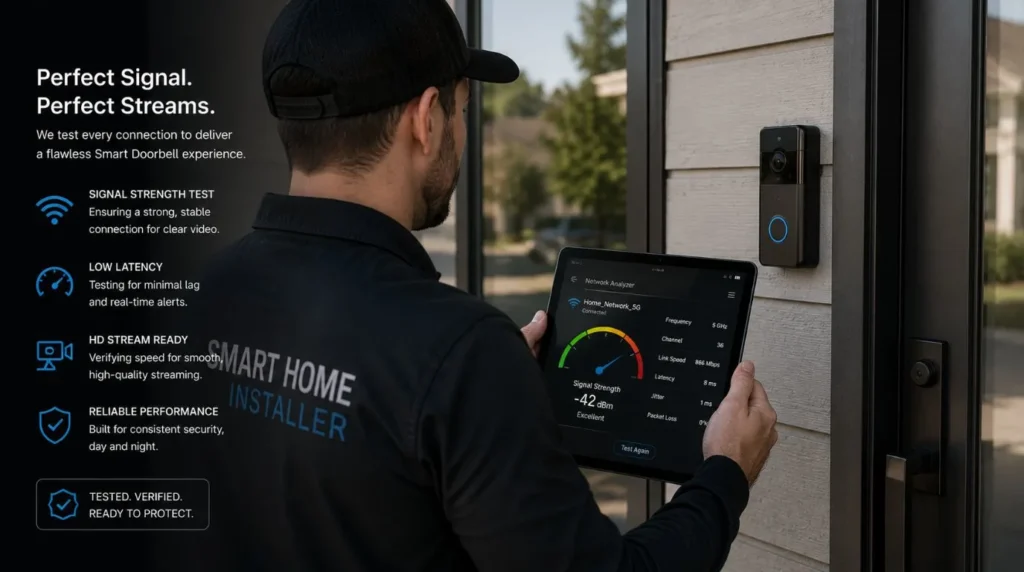 Checking network connection stability outside the front door to ensure a reliable Smart Doorbell Installation
