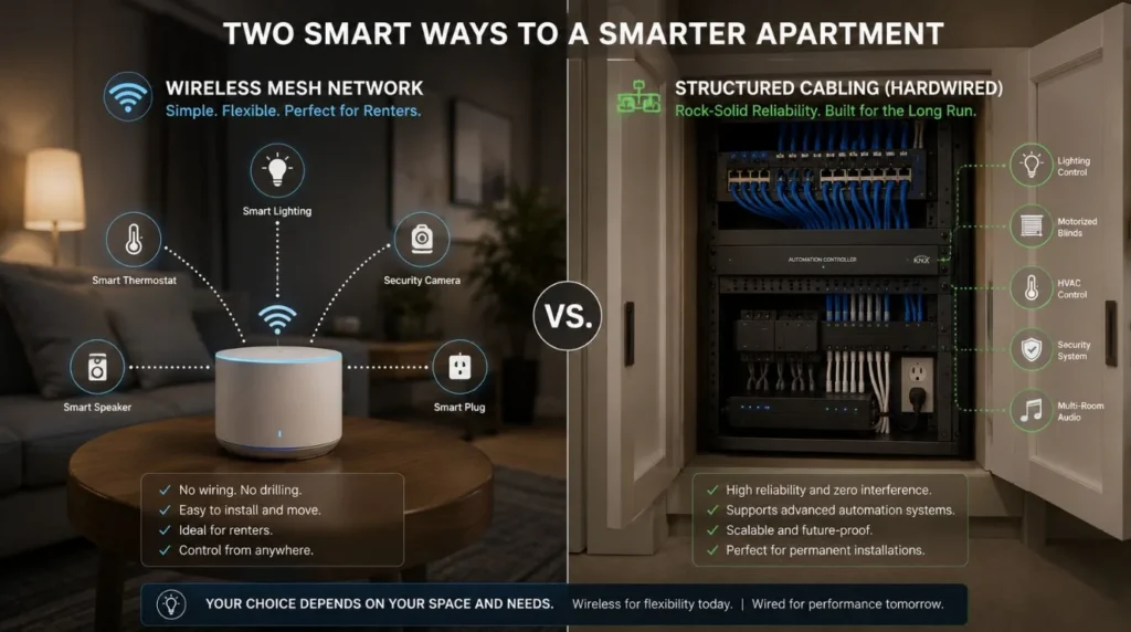 Diagram comparing wireless Wi-Fi setups and structured wired networks for Smart Home Installation in Apartments.