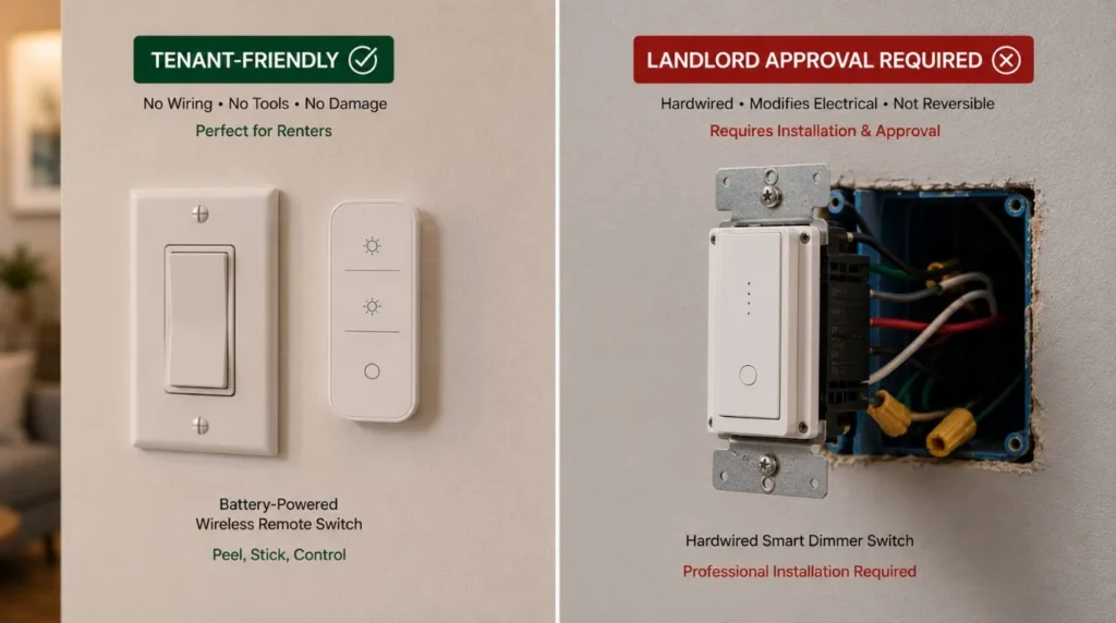 Comparing a stick on wireless switch to a hardwired model when planning Smart Home automation for Renters.
