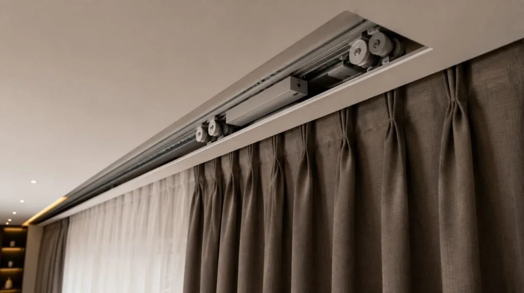 Recessed ceiling track installation for motorized curtains for privacy.