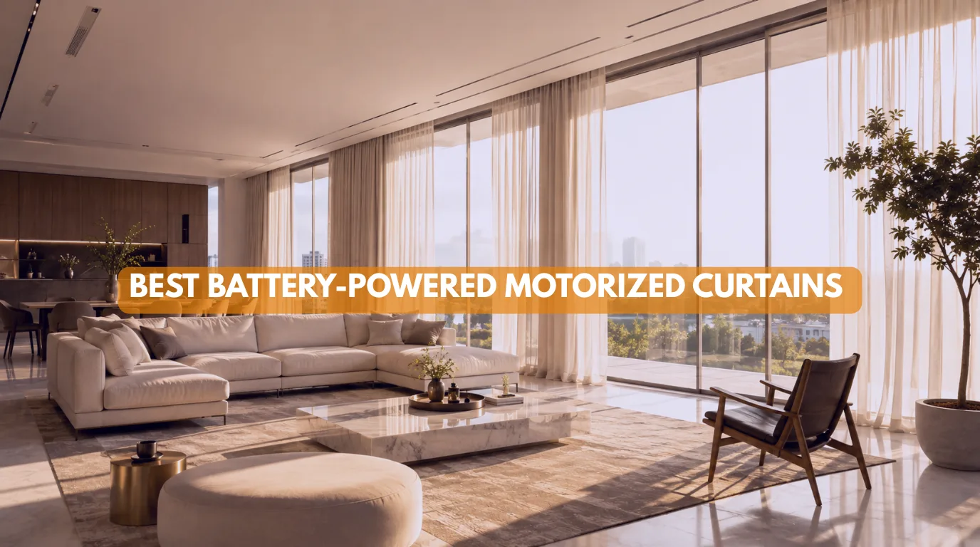 Best Battery-Powered Motorized Curtains smoothly opening in a modern sunlit luxury apartment