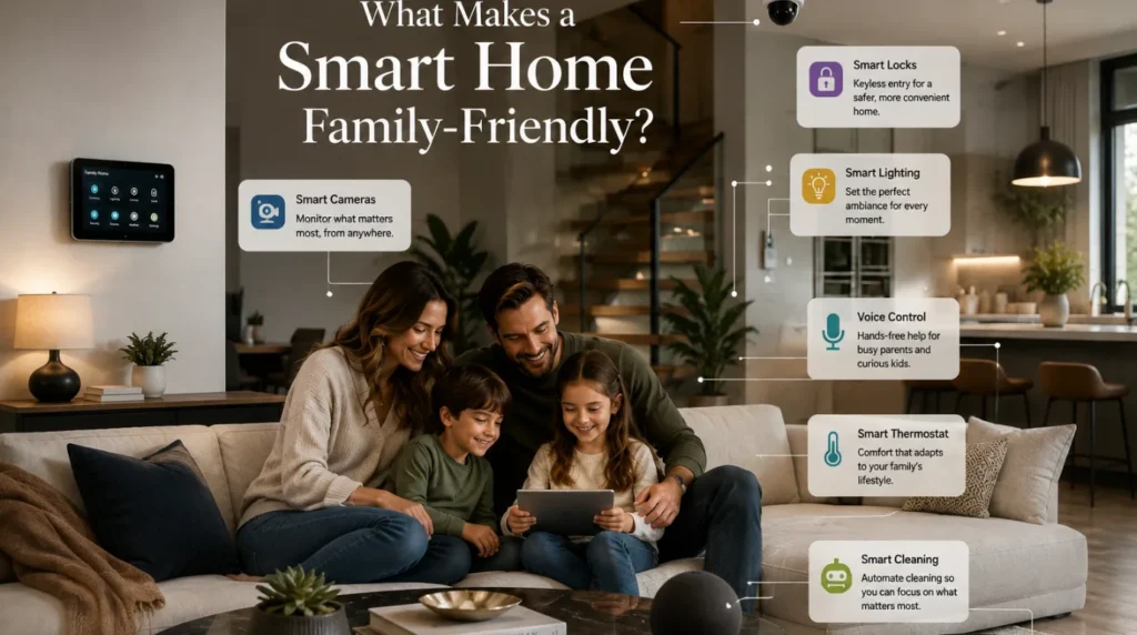 Smart Home Features for Families With Kids shown in a high-end magazine-style smart home, featuring family-friendly safety, parental controls, smart lighting, thermostats, locks, cameras, voice control, and automated routines.