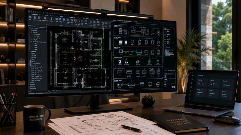 Professional system engineering blueprints on display to Compare Smart Home Installation Companies
