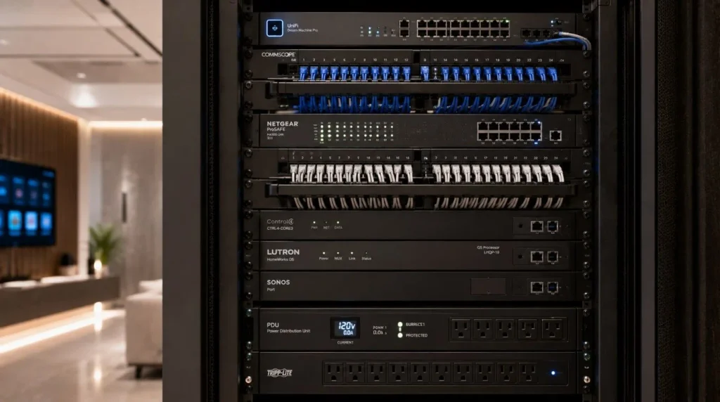 Enterprise network rack setup showing infrastructure to Compare Smart Home Installation Companies