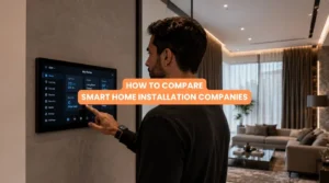 Homeowner using a touch panel to Compare Smart Home Installation Companies