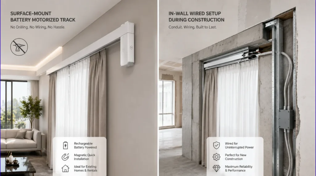 Side by side diagram showing installation of hardwired vs Best Battery-Powered Motorized Curtains