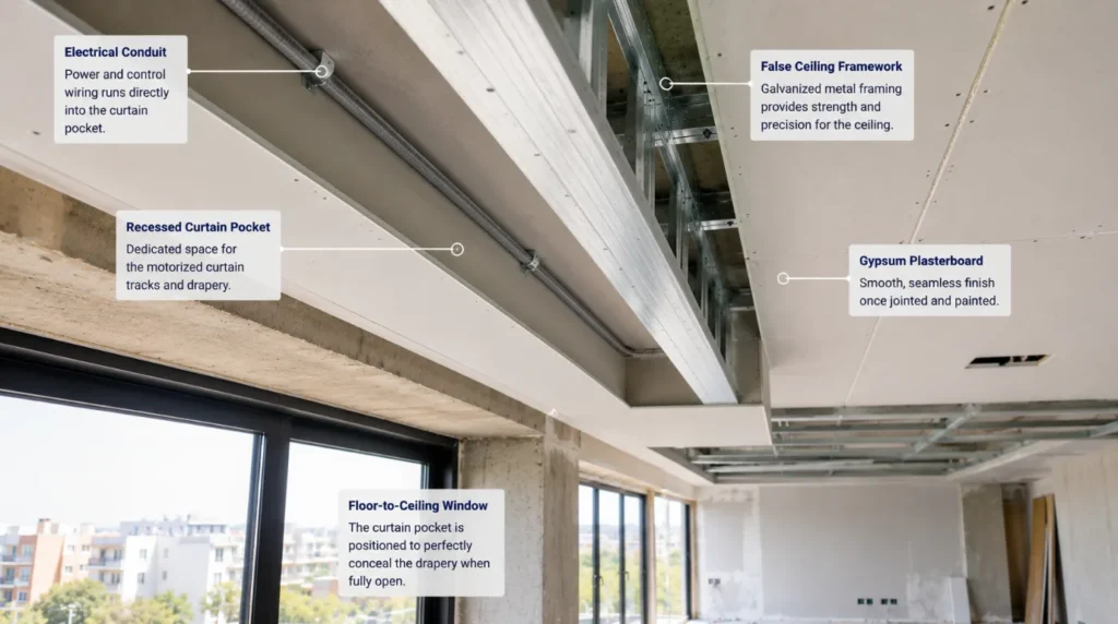 False ceiling construction detailing the pocket required to install motorized curtains in your home