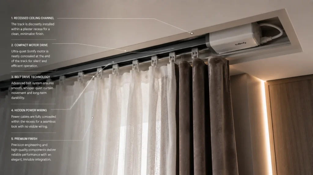 Flush ceiling motor track housing hardwired power connections for motorized curtains for home theater