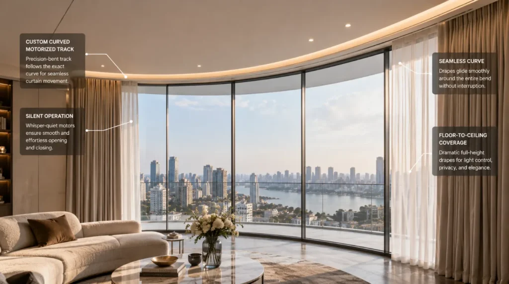 Curved motorized track running along wall with motorized curtains for large windows