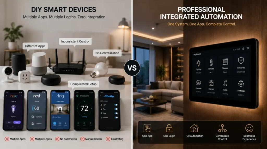 Comparison between DIY smart home devices and a professionally installed smart home by a smart home installer near me.