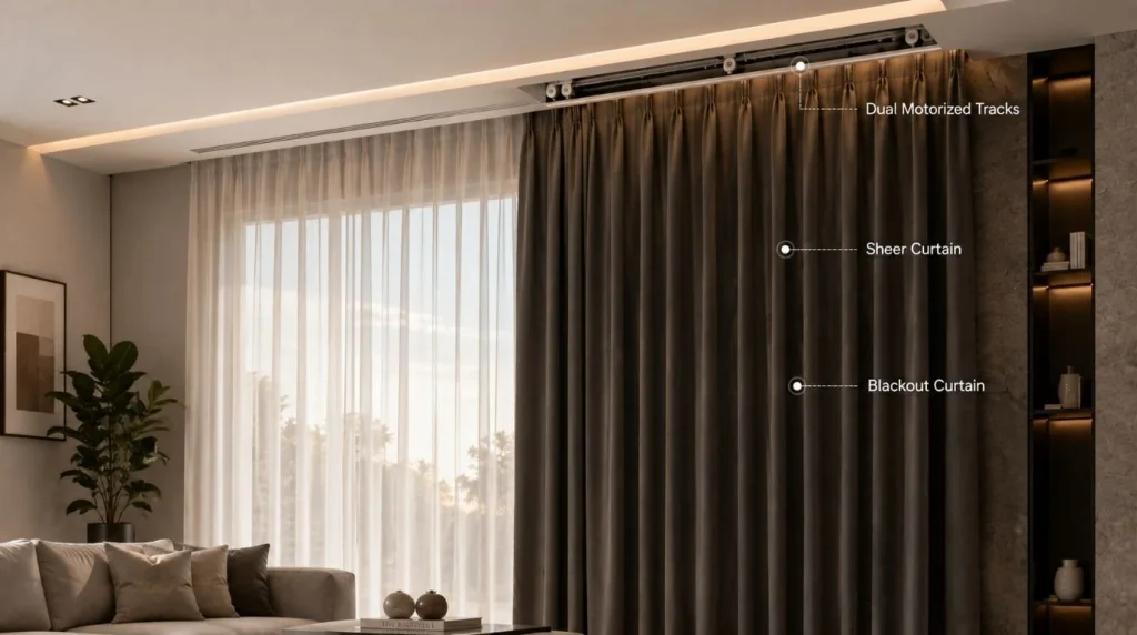 Dual layer motorized curtains for privacy showing sheer day layer and blackout night layer.
