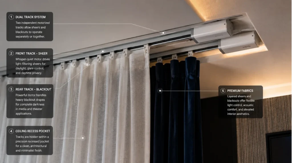 Dual track ceiling pocket with sheer and blackout options for motorized curtains for home theater