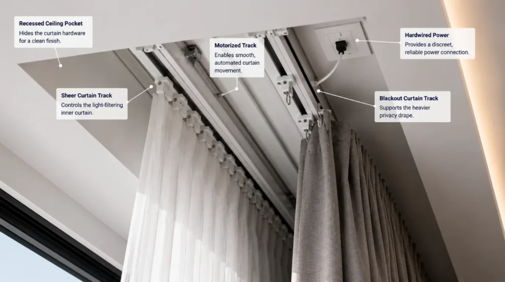 Ceiling recessed dual track system prepared to install motorized curtains in your home