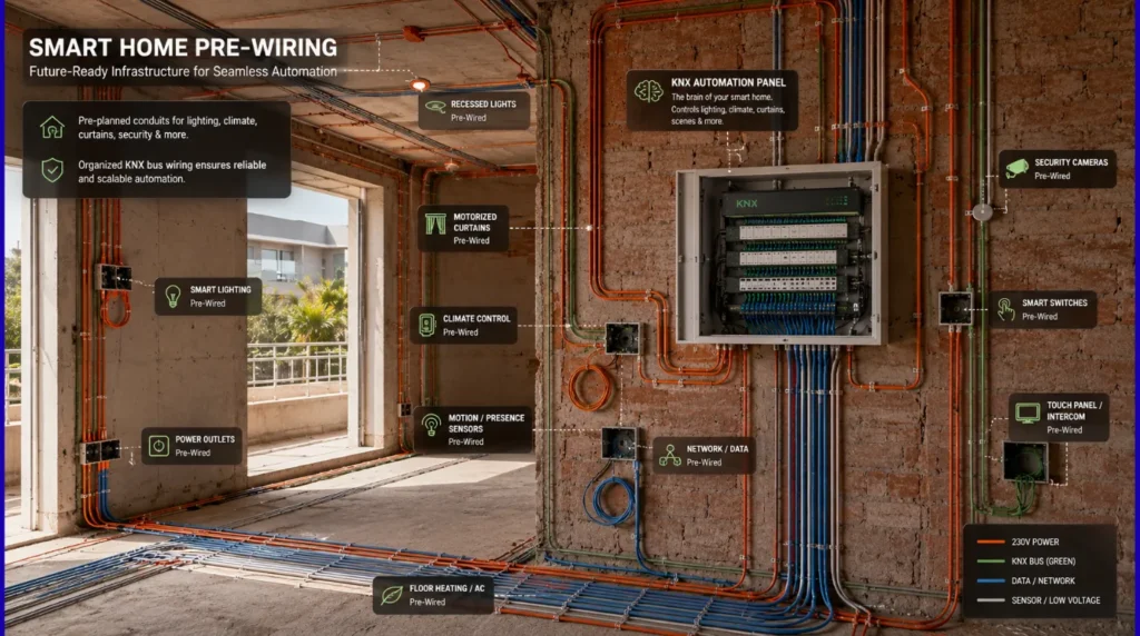 Clean electrical conduits installed in wall frames to Install a Smart Home System during construction