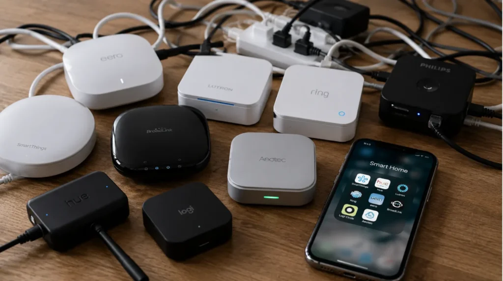 Disconnected smart devices and hubs illustrating common smart home compatibility issues