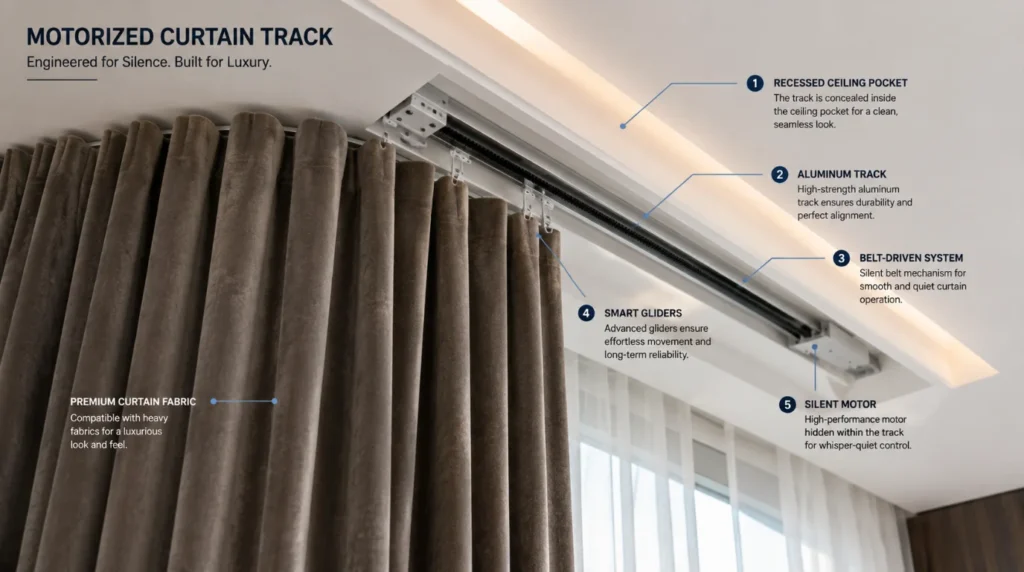 Floor to ceiling glass windows with motorized curtains for large windows gliding smoothly open