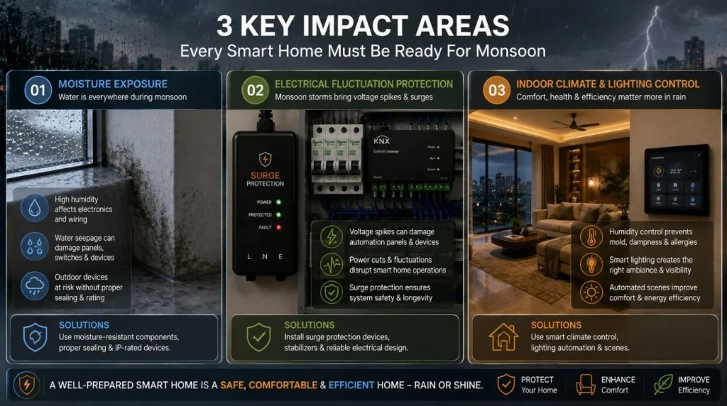 Diagram illustrating moisture, electrical, and lighting factors for Home Automation During Monsoon.