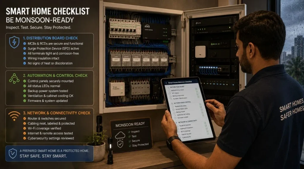 Maintenance inspection of smart home control panel for Home Automation During Monsoon readiness.