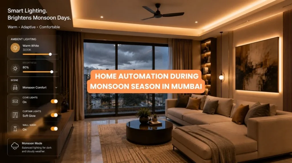 Living room with ambient smart lighting control for Home Automation During Monsoon in Mumbai