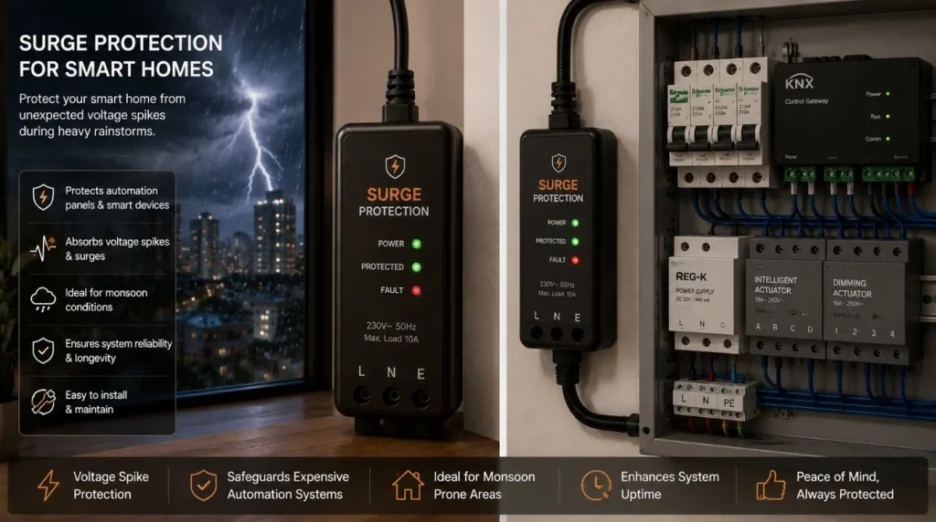 Heavy duty surge protection device installed for Home Automation During Monsoon electrical safety.