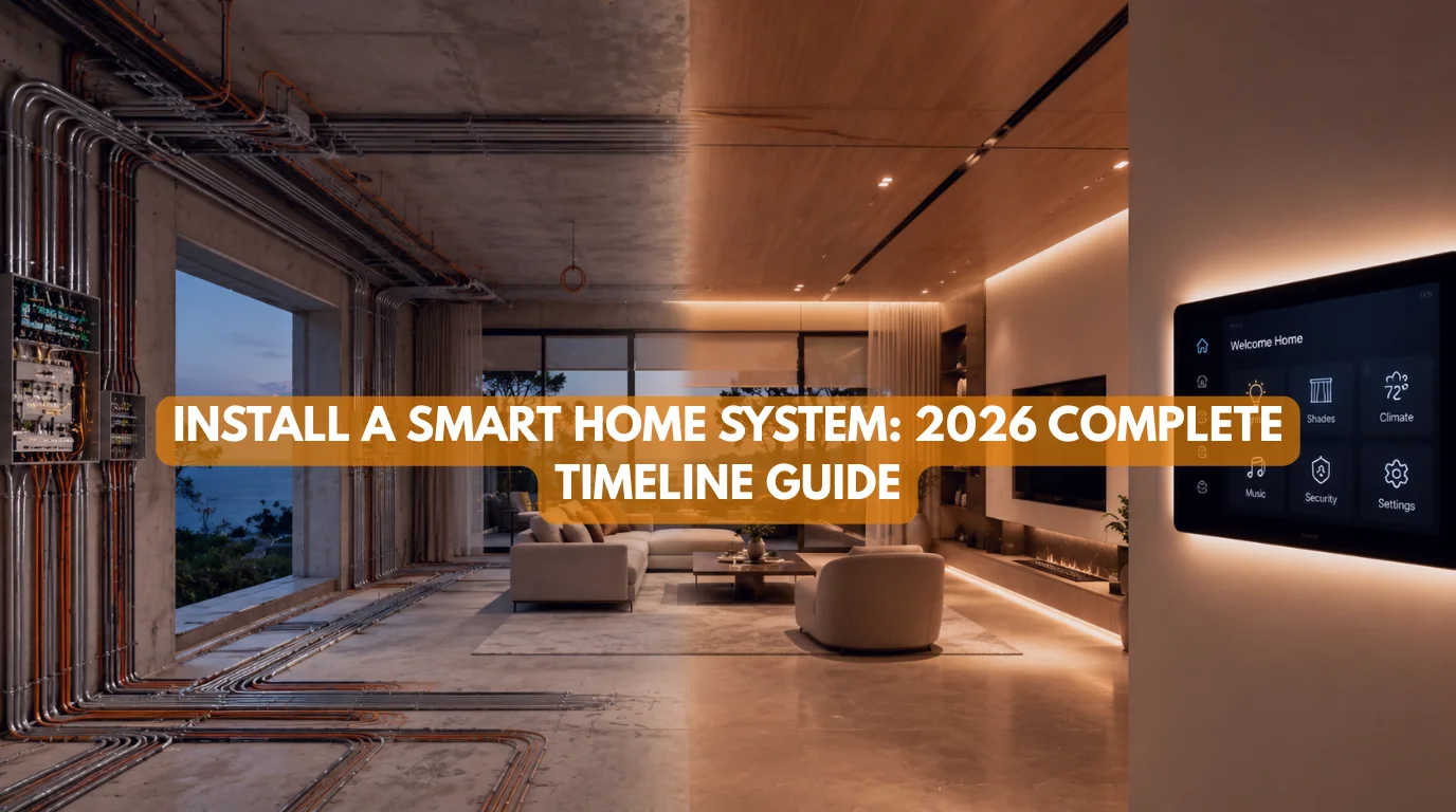 Install a smart home system in a luxury villa, showing exposed wiring on one side and finished automation with lighting, shades, and touchscreen controls on the other.