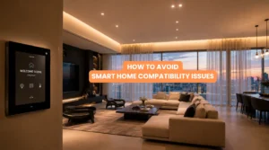 Modern living room showing unified lighting climate and motorized shades without smart home compatibility issues