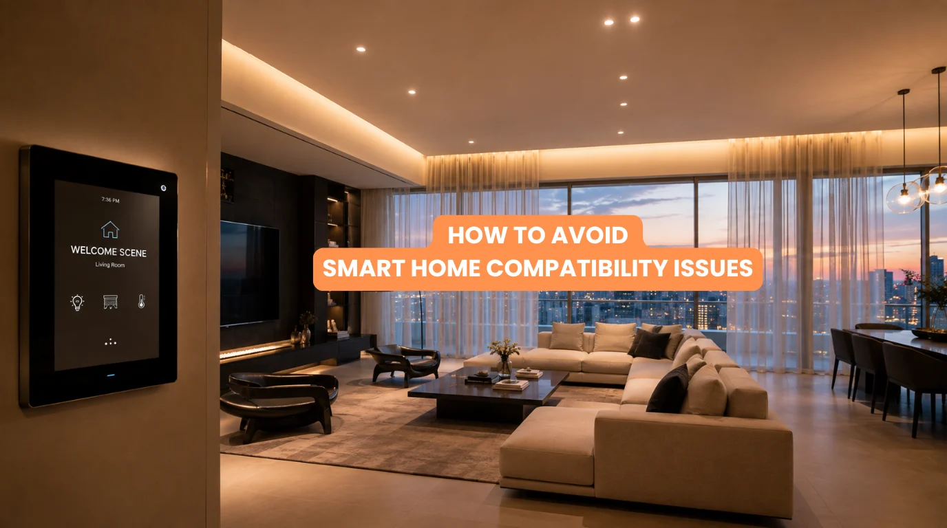 Modern living room showing unified lighting climate and motorized shades without smart home compatibility issues