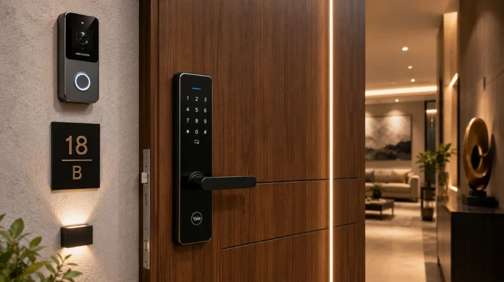 Is Home Automation Worth It smart video doorbell and digital door lock installed at an apartment entrance.