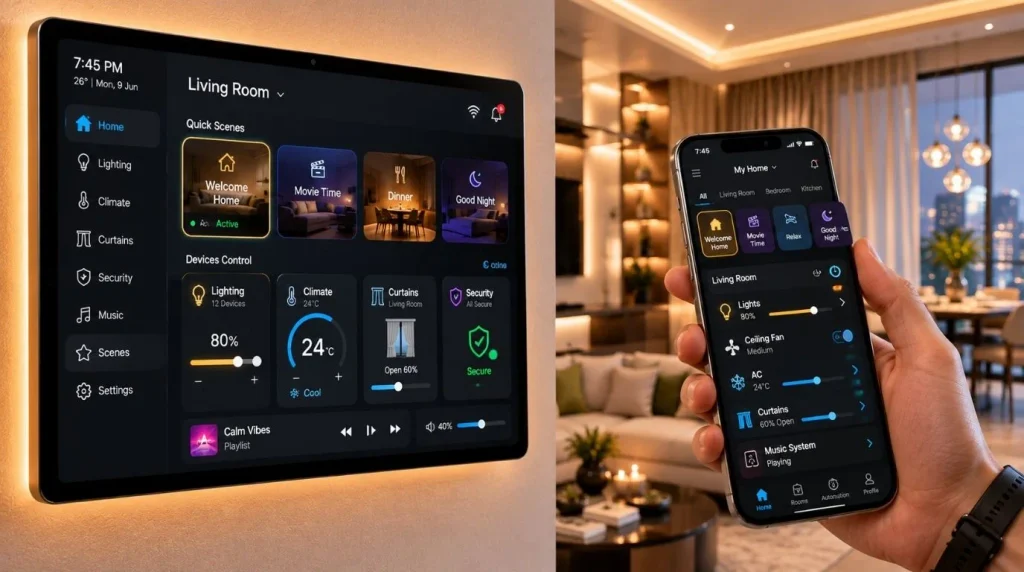 Is Home Automation Worth It central touch screen panel for controlling lighting scenes and climate control.