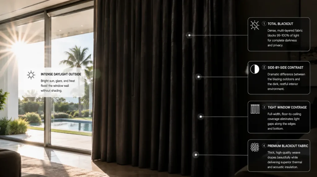 Heavy blackout velvet drapes blocking direct window sunlight using motorized curtains for home theater