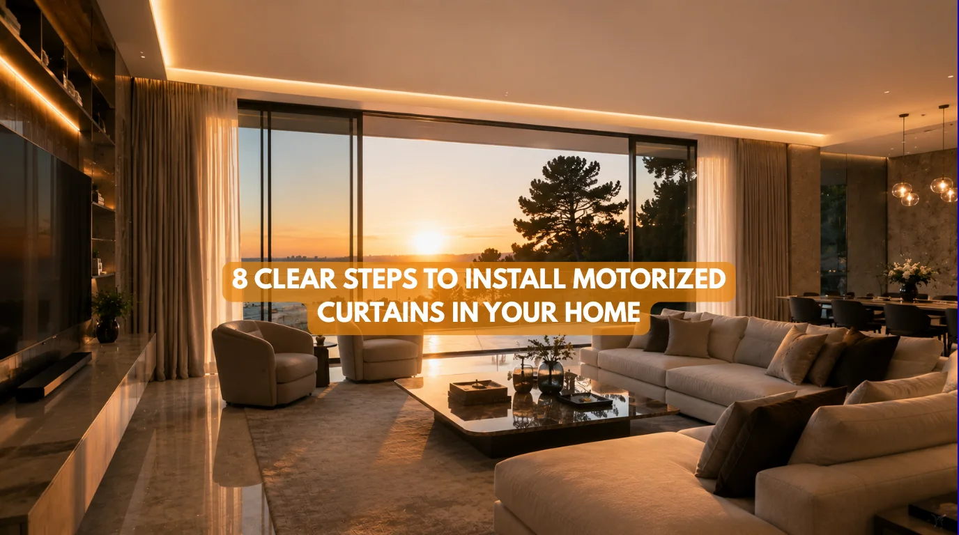 Modern open plan living room showing how to install motorized curtains in your home with sheer and blackout drapes