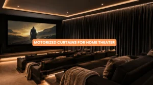 Automated blackout drapes closing automatically in a high end cinema room using motorized curtains for home theater