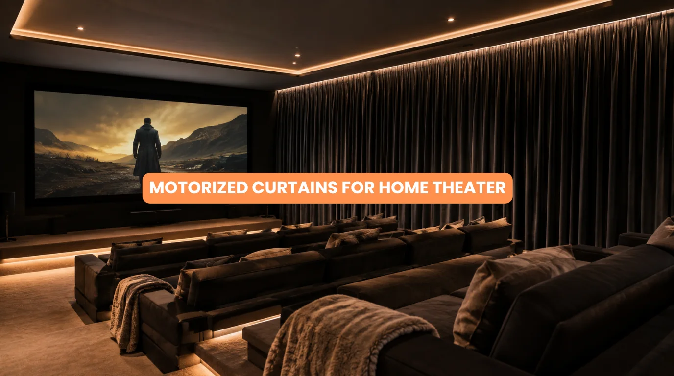 Automated blackout drapes closing automatically in a high end cinema room using motorized curtains for home theater